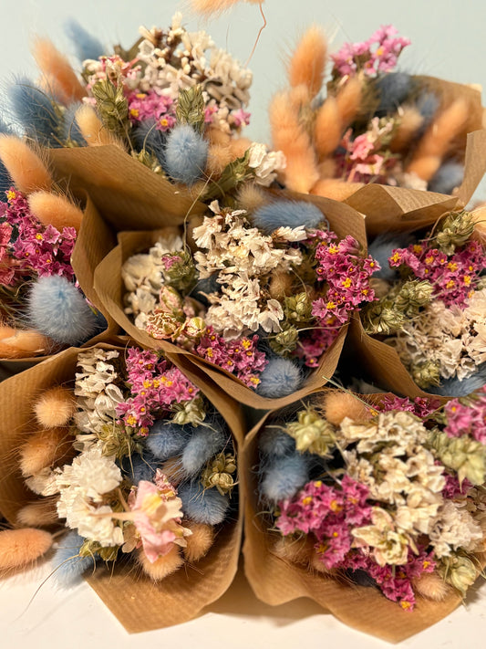 Peach, Blue and Pink Dried flower mini bouquet